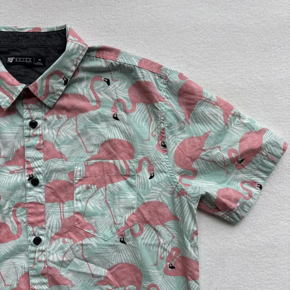 RF Brand MFG Men Medium Hawaiian Shirt Flamingo Short Sleeve Tropical‎